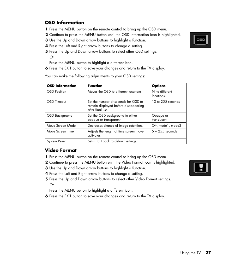 Osd information, Video format | HP PL4245N 42 inch HD-ready Plasma Television User Manual | Page 33 / 60