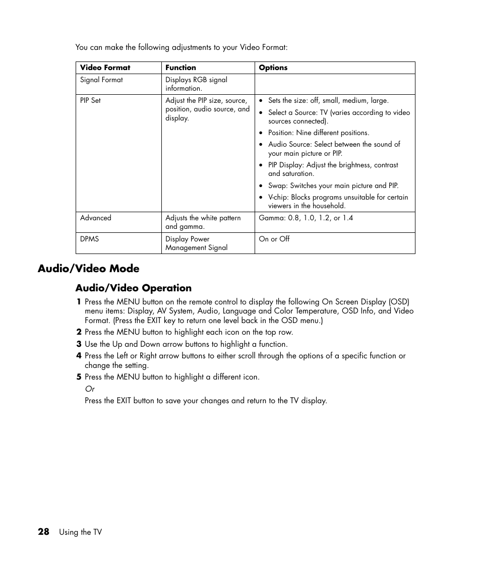 Audio/video mode, Audio/video operation | HP PL4245N 42 inch HD-ready Plasma Television User Manual | Page 34 / 60