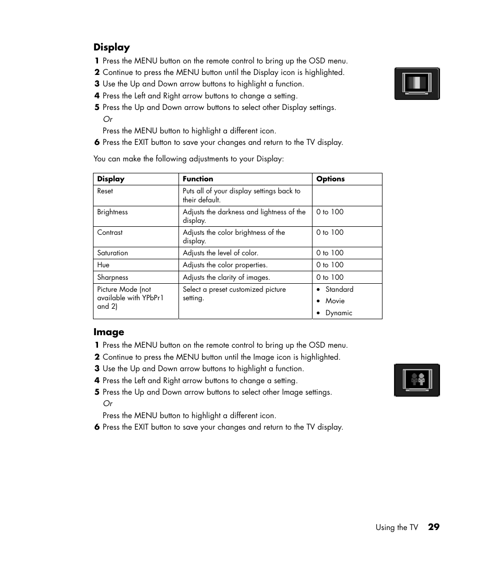 Display, Image | HP PL4245N 42 inch HD-ready Plasma Television User Manual | Page 35 / 60