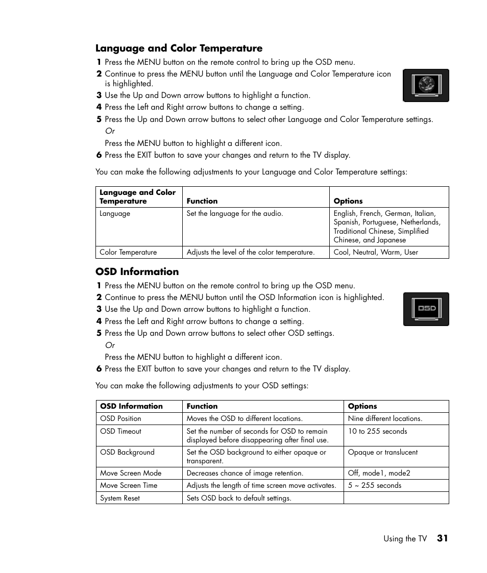 Language and color temperature, Osd information | HP PL4245N 42 inch HD-ready Plasma Television User Manual | Page 37 / 60