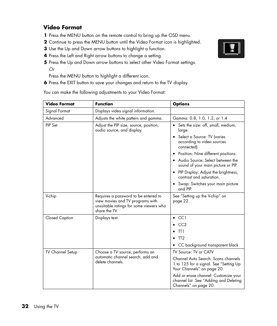 Video format | HP PL4245N 42 inch HD-ready Plasma Television User Manual | Page 38 / 60