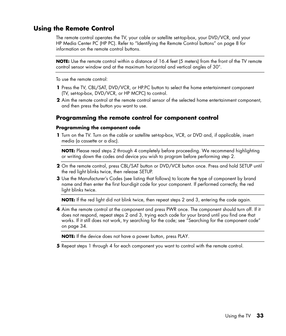 Using the remote control | HP PL4245N 42 inch HD-ready Plasma Television User Manual | Page 39 / 60