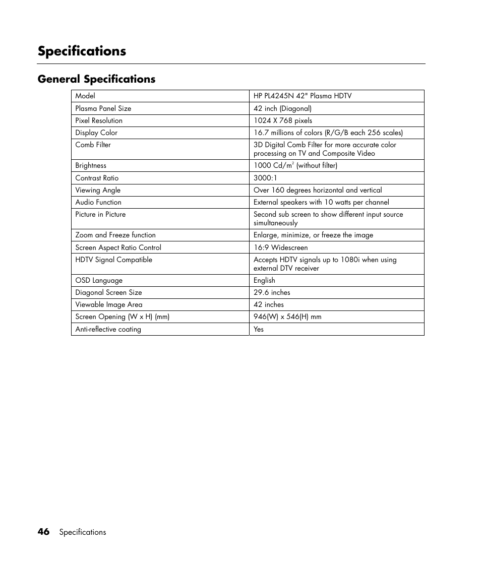 Specifications, General specifications | HP PL4245N 42 inch HD-ready Plasma Television User Manual | Page 52 / 60