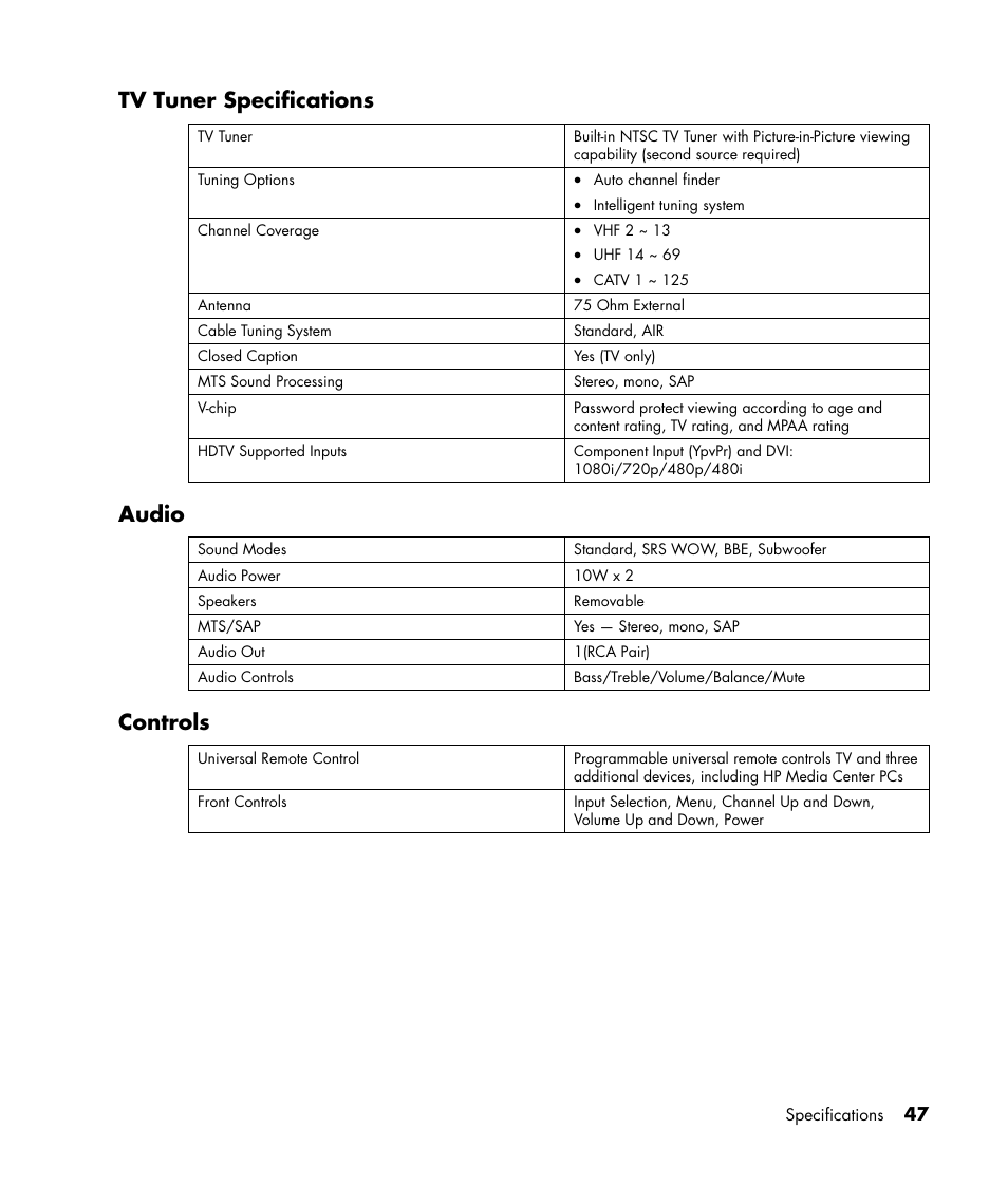 Tv tuner specifications, Audio, Controls | HP PL4245N 42 inch HD-ready Plasma Television User Manual | Page 53 / 60