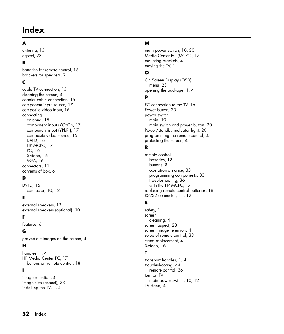Index | HP PL4245N 42 inch HD-ready Plasma Television User Manual | Page 58 / 60