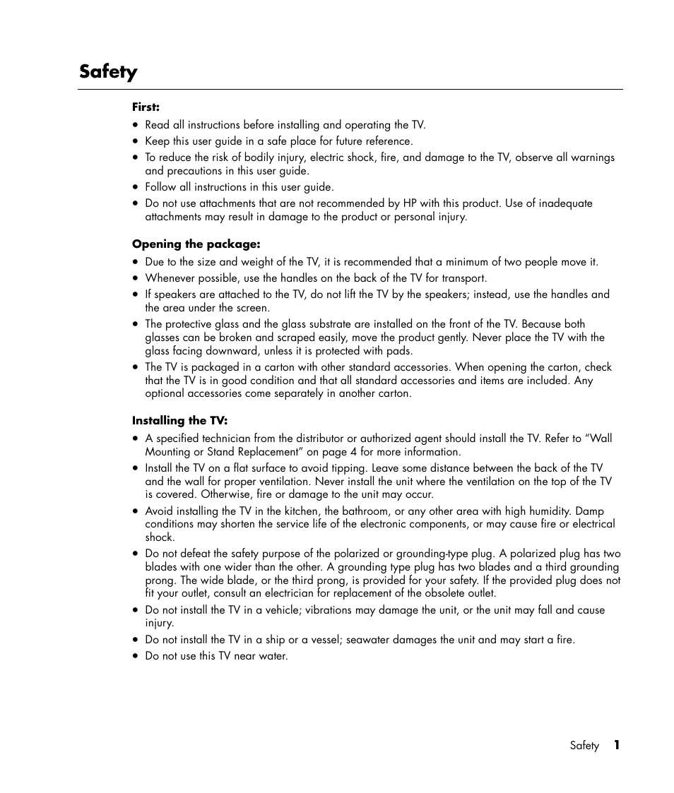 Safety | HP PL4245N 42 inch HD-ready Plasma Television User Manual | Page 7 / 60