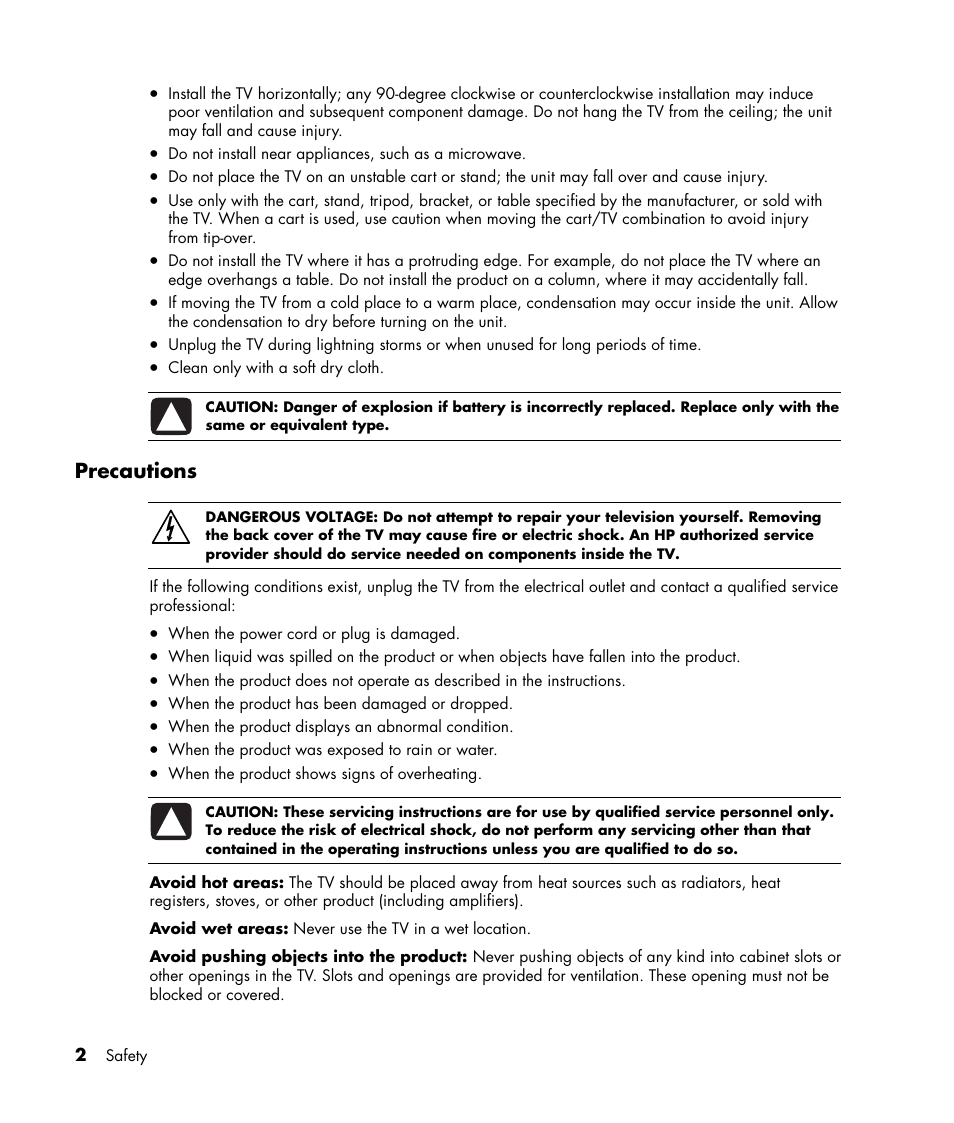 Precautions | HP PL4245N 42 inch HD-ready Plasma Television User Manual | Page 8 / 60