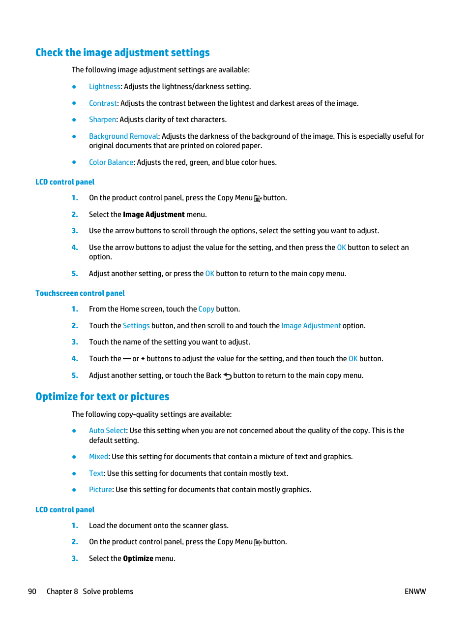 Check the image adjustment settings, Optimize for text or pictures | HP Color LaserJet Pro MFP M177fw User Manual | Page 100 / 120