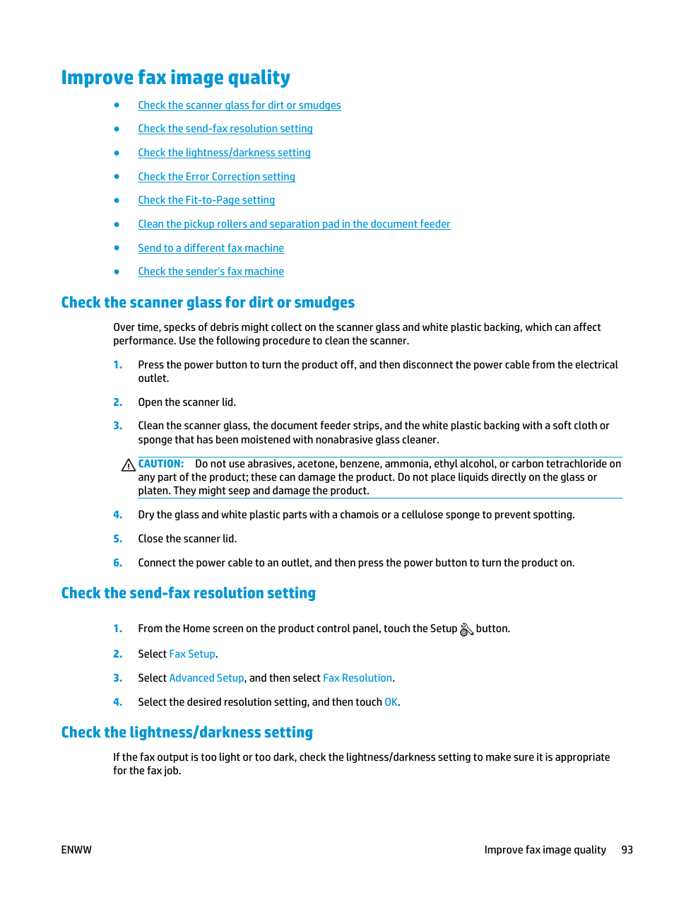 Improve fax image quality, Check the scanner glass for dirt or smudges, Check the send-fax resolution setting | Check the lightness/darkness setting | HP Color LaserJet Pro MFP M177fw User Manual | Page 103 / 120