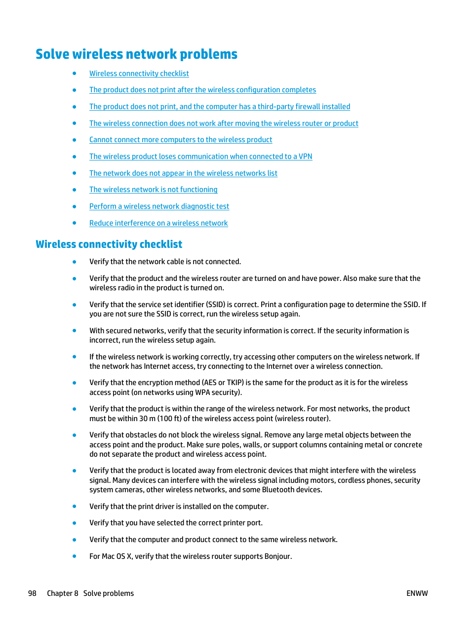 Solve wireless network problems, Wireless connectivity checklist | HP Color LaserJet Pro MFP M177fw User Manual | Page 108 / 120