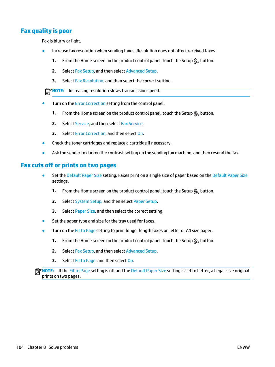 Fax quality is poor, Fax cuts off or prints on two pages | HP Color LaserJet Pro MFP M177fw User Manual | Page 114 / 120