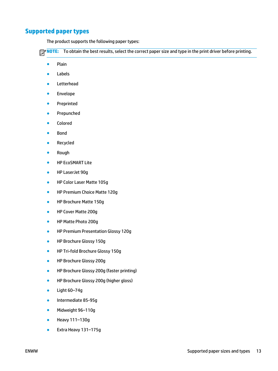 Supported paper types | HP Color LaserJet Pro MFP M177fw User Manual | Page 23 / 120