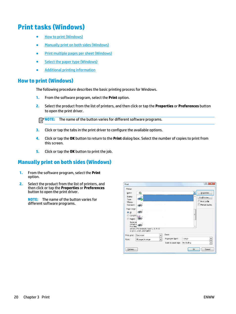 Print tasks (windows), How to print (windows), Manually print on both sides (windows) | HP Color LaserJet Pro MFP M177fw User Manual | Page 30 / 120