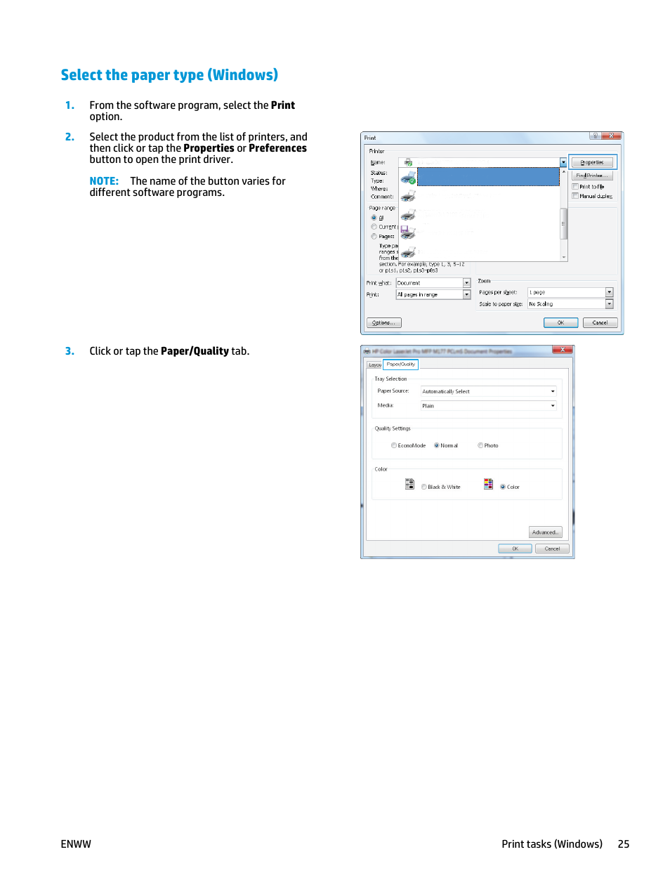 Select the paper type (windows) | HP Color LaserJet Pro MFP M177fw User Manual | Page 35 / 120