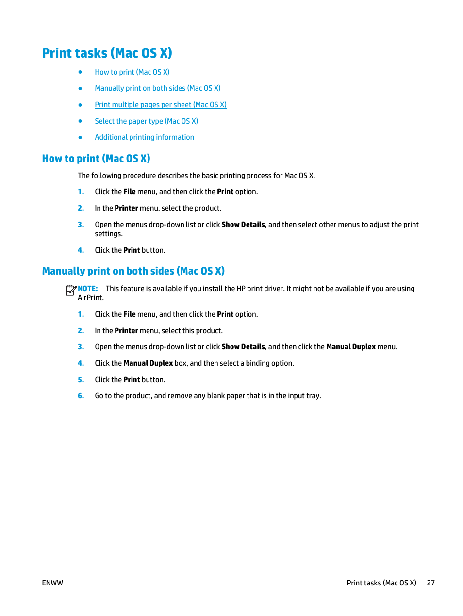 Print tasks (mac os x), How to print (mac os x), Manually print on both sides (mac os x) | HP Color LaserJet Pro MFP M177fw User Manual | Page 37 / 120