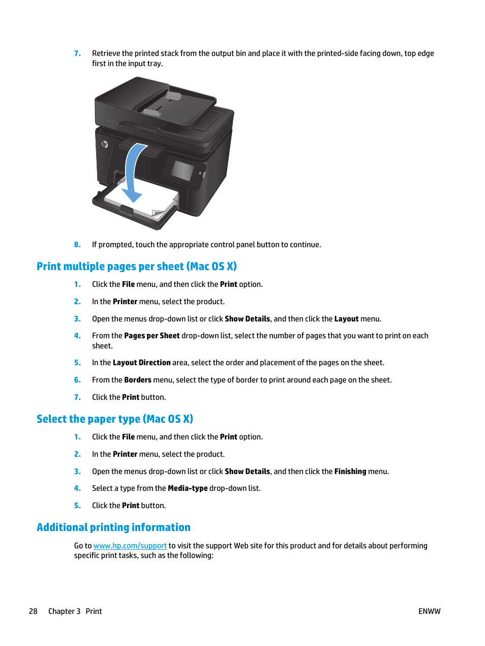 Select the paper type (mac os x), Additional printing information, Print multiple pages per sheet (mac os x) | HP Color LaserJet Pro MFP M177fw User Manual | Page 38 / 120