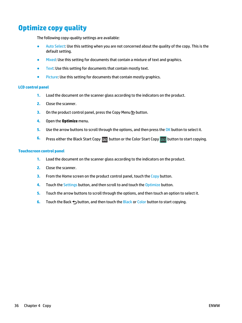 Optimize copy quality | HP Color LaserJet Pro MFP M177fw User Manual | Page 46 / 120