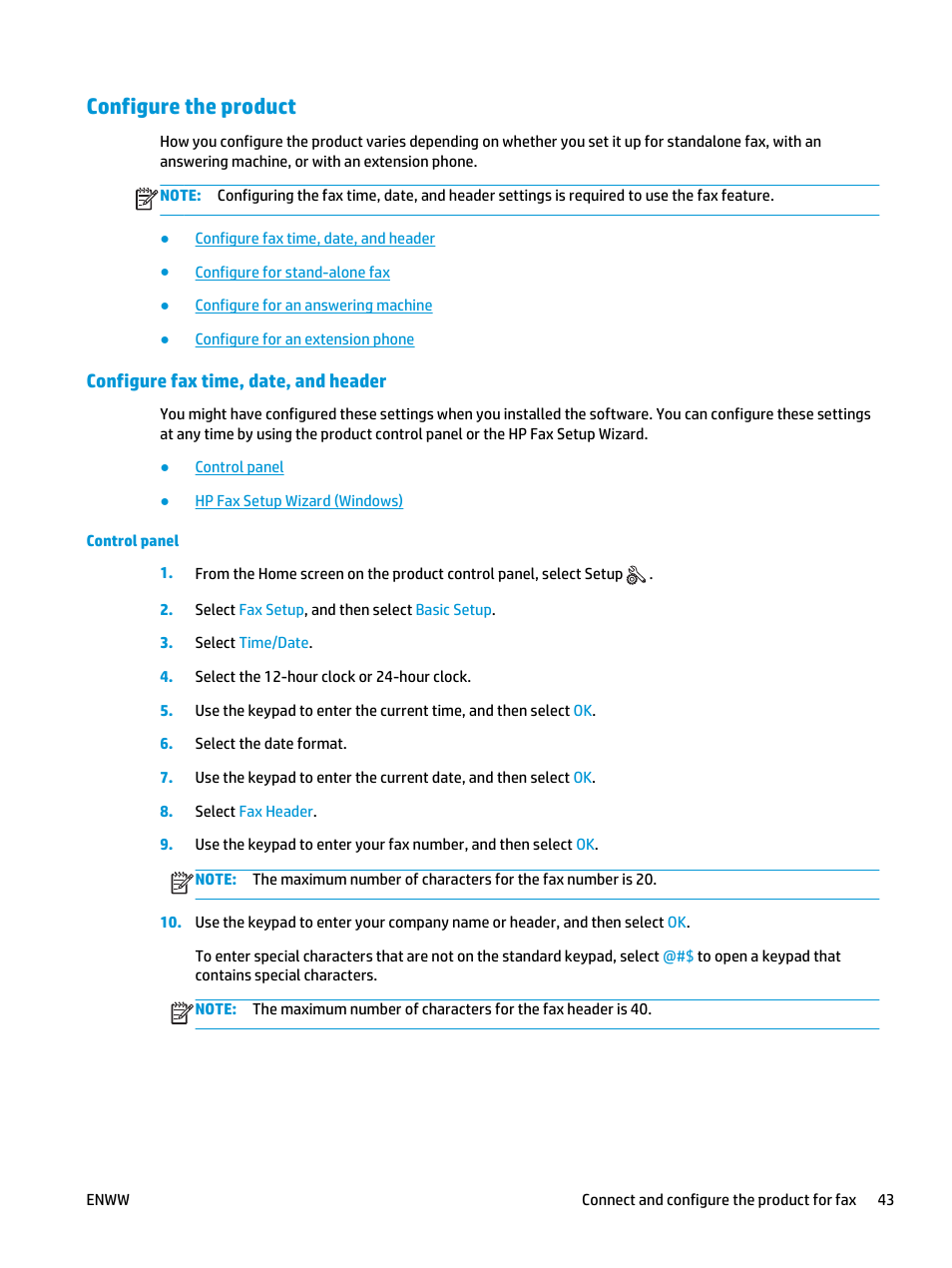 Configure the product, Configure fax time, date, and header, Control panel | HP Color LaserJet Pro MFP M177fw User Manual | Page 53 / 120