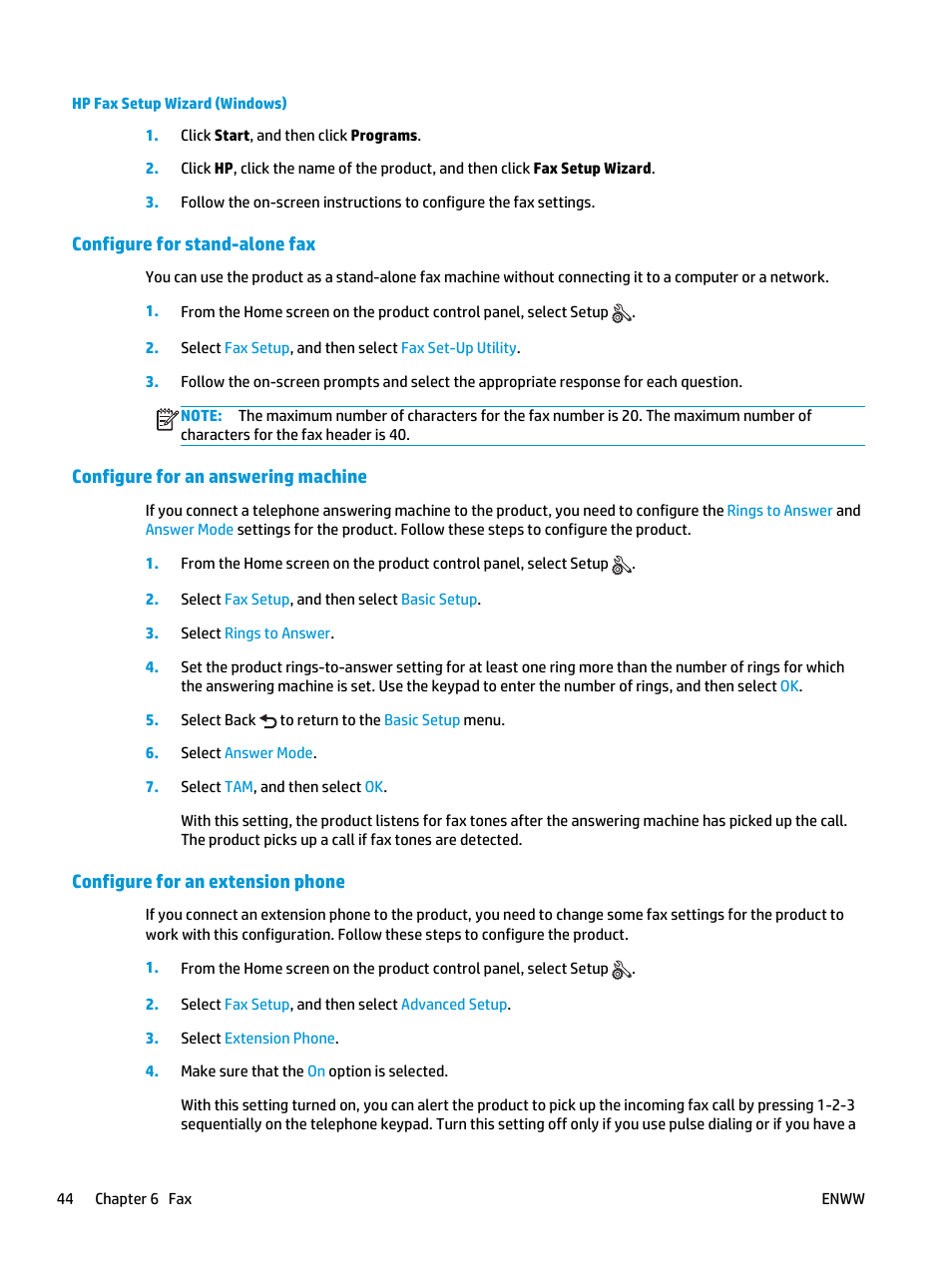 Hp fax setup wizard (windows), Configure for stand-alone fax, Configure for an answering machine | Configure for an extension phone | HP Color LaserJet Pro MFP M177fw User Manual | Page 54 / 120