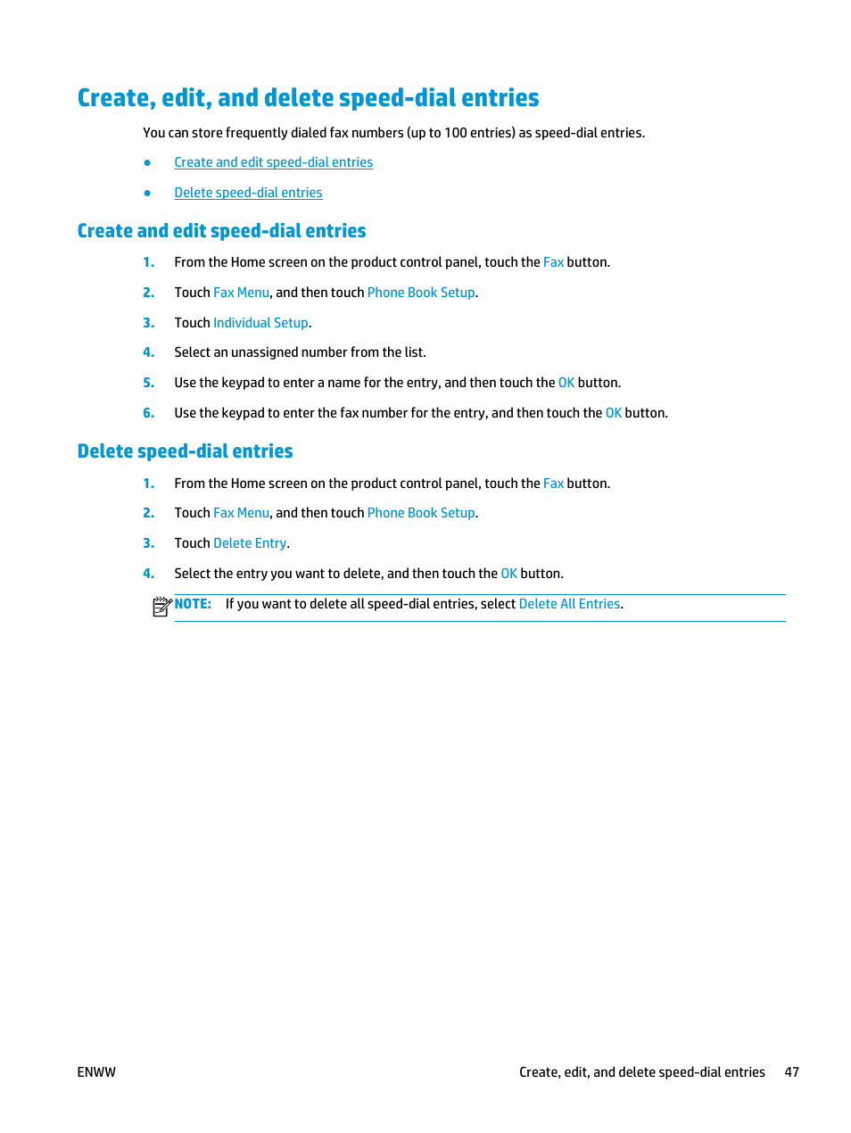 Create, edit, and delete speed-dial entries, Create and edit speed-dial entries, Delete speed-dial entries | HP Color LaserJet Pro MFP M177fw User Manual | Page 57 / 120