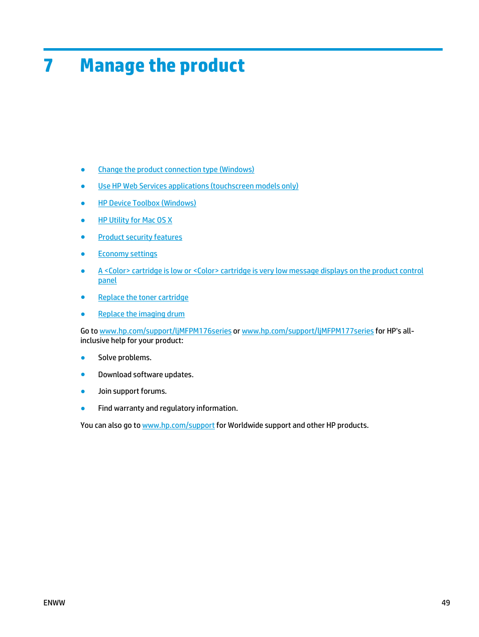 Manage the product, 7 manage the product, 7manage the product | HP Color LaserJet Pro MFP M177fw User Manual | Page 59 / 120