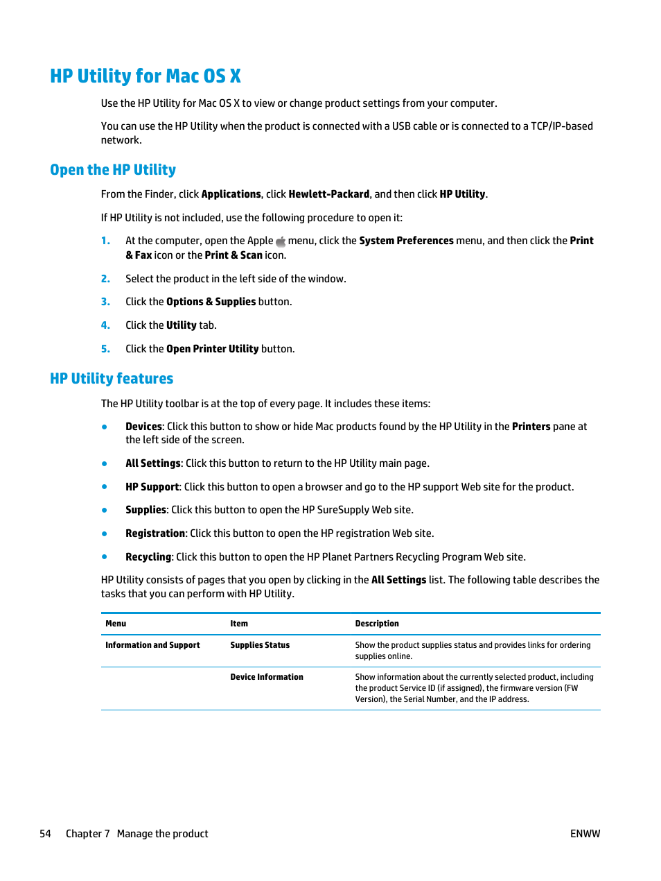 Hp utility for mac os x, Open the hp utility, Hp utility features | Open the hp utility hp utility features | HP Color LaserJet Pro MFP M177fw User Manual | Page 64 / 120