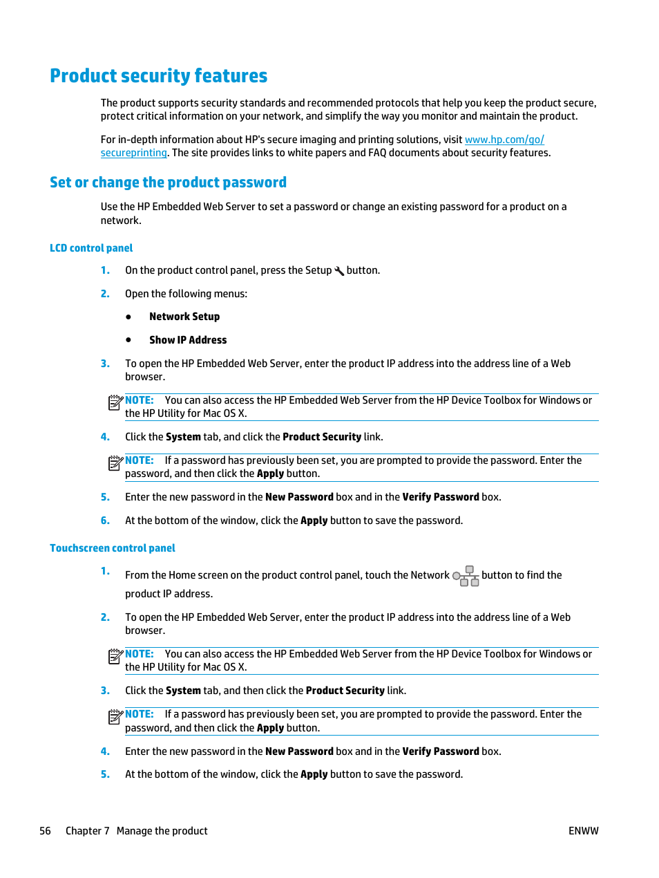 Product security features, Set or change the product password | HP Color LaserJet Pro MFP M177fw User Manual | Page 66 / 120