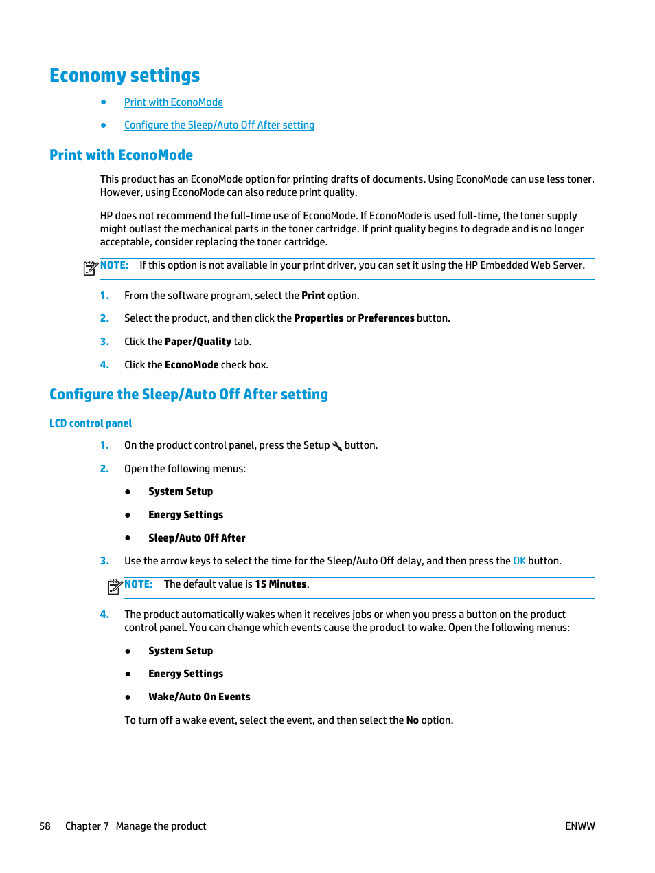 Economy settings, Print with economode, Configure the sleep/auto off after setting | HP Color LaserJet Pro MFP M177fw User Manual | Page 68 / 120