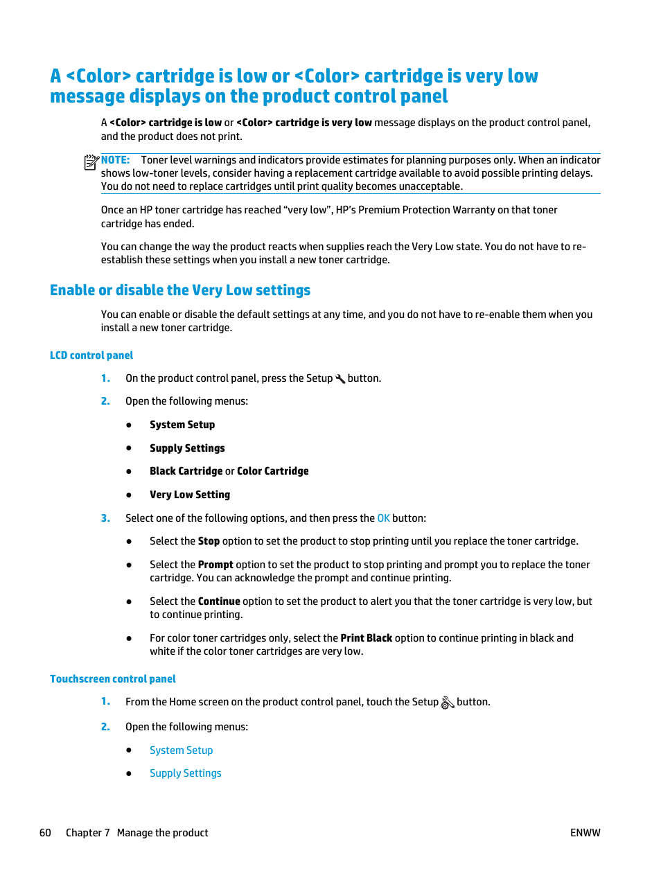 Enable or disable the very low settings, Panel | HP Color LaserJet Pro MFP M177fw User Manual | Page 70 / 120