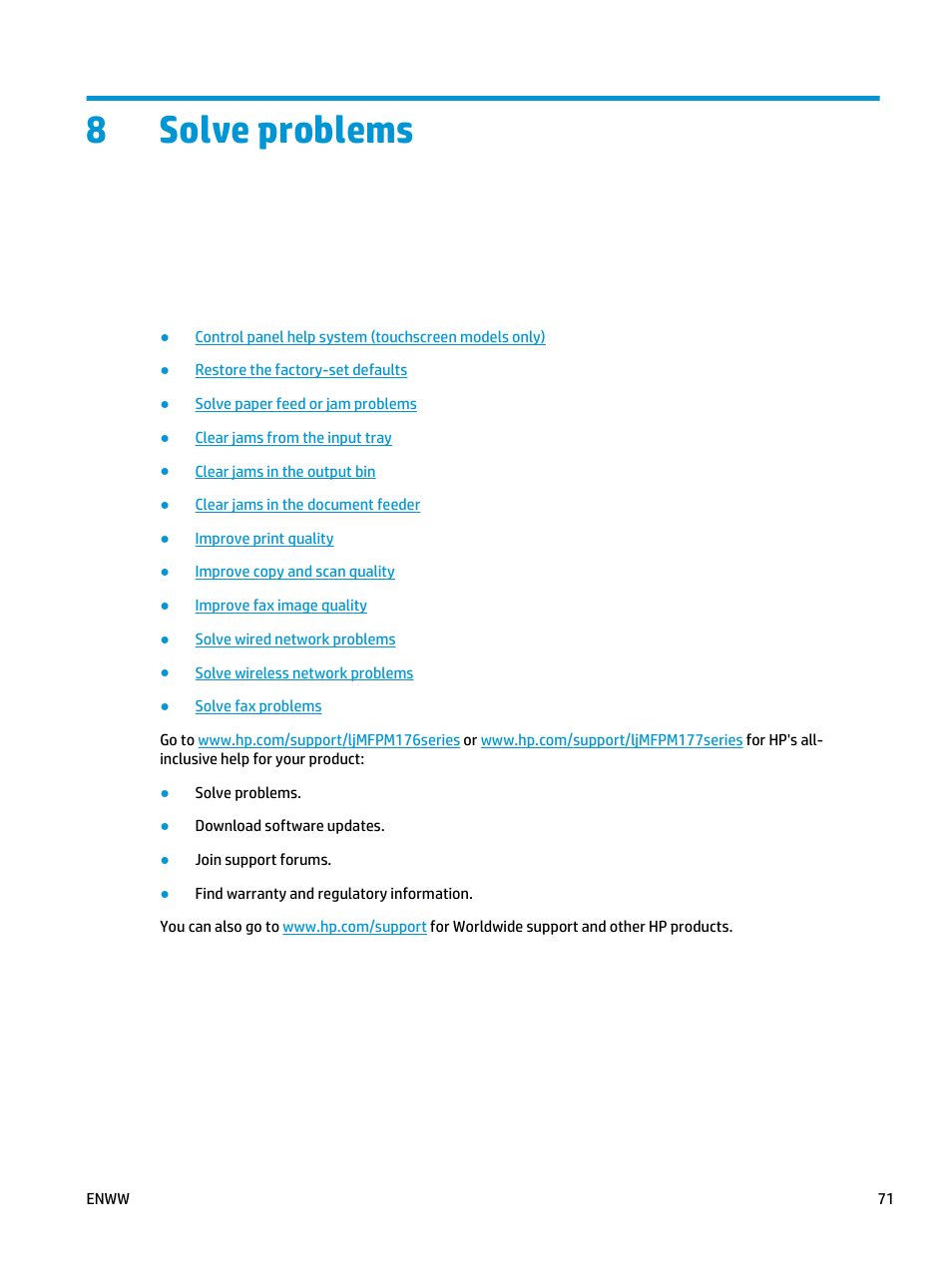 Solve problems, 8 solve problems, 8solve problems | HP Color LaserJet Pro MFP M177fw User Manual | Page 81 / 120