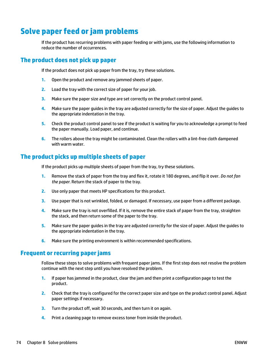 Solve paper feed or jam problems, The product does not pick up paper, The product picks up multiple sheets of paper | Frequent or recurring paper jams | HP Color LaserJet Pro MFP M177fw User Manual | Page 84 / 120