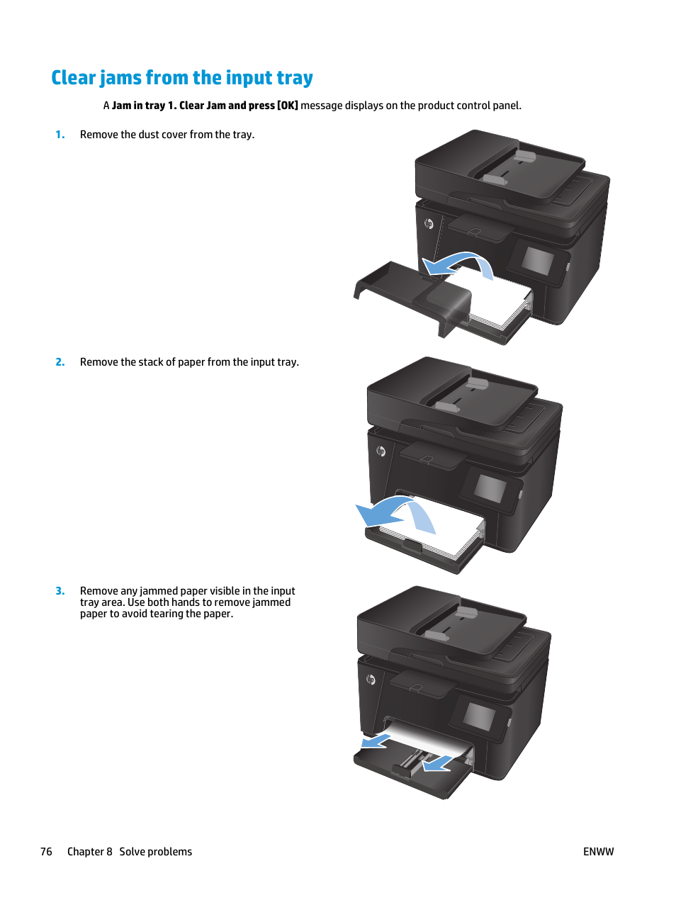 Clear jams from the input tray | HP Color LaserJet Pro MFP M177fw User Manual | Page 86 / 120