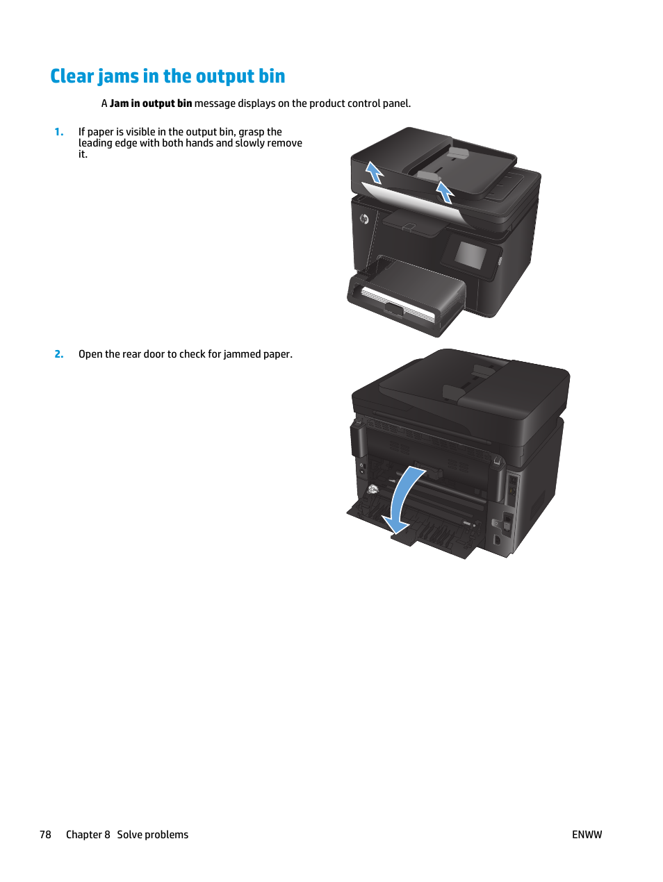 Clear jams in the output bin | HP Color LaserJet Pro MFP M177fw User Manual | Page 88 / 120