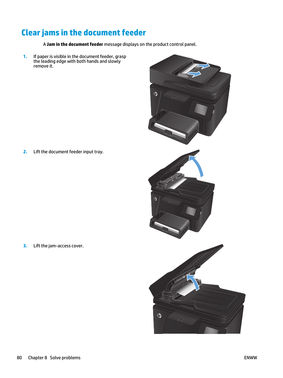 Clear jams in the document feeder | HP Color LaserJet Pro MFP M177fw User Manual | Page 90 / 120