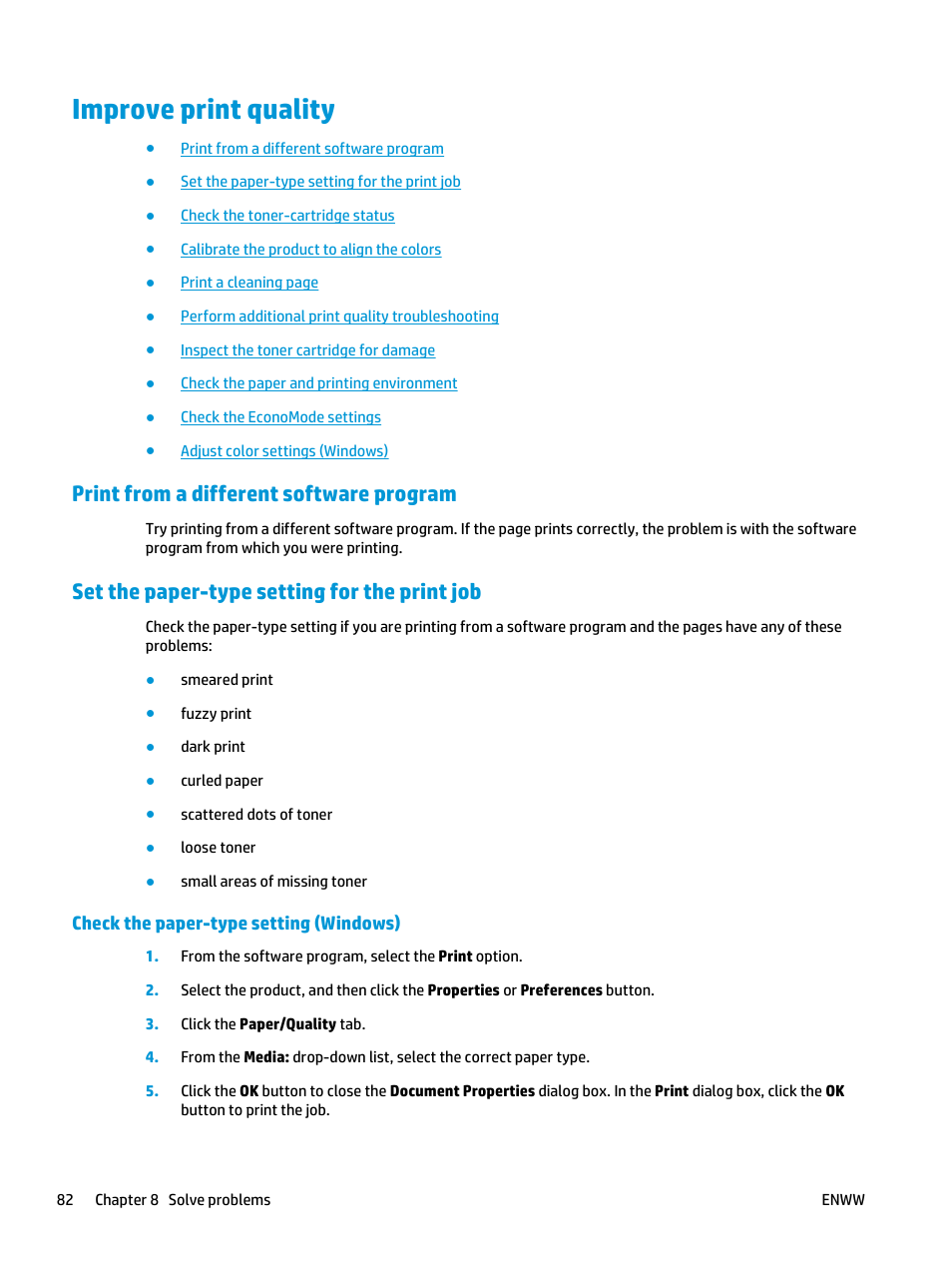 Improve print quality, Print from a different software program, Set the paper-type setting for the print job | Check the paper-type setting (windows) | HP Color LaserJet Pro MFP M177fw User Manual | Page 92 / 120