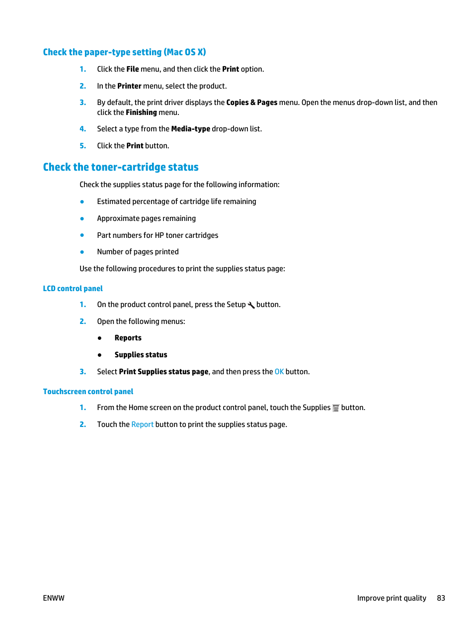 Check the paper-type setting (mac os x), Check the toner-cartridge status | HP Color LaserJet Pro MFP M177fw User Manual | Page 93 / 120