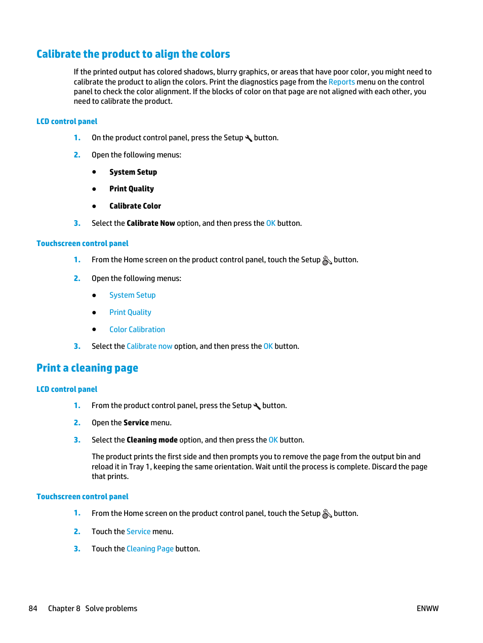 Calibrate the product to align the colors, Print a cleaning page | HP Color LaserJet Pro MFP M177fw User Manual | Page 94 / 120