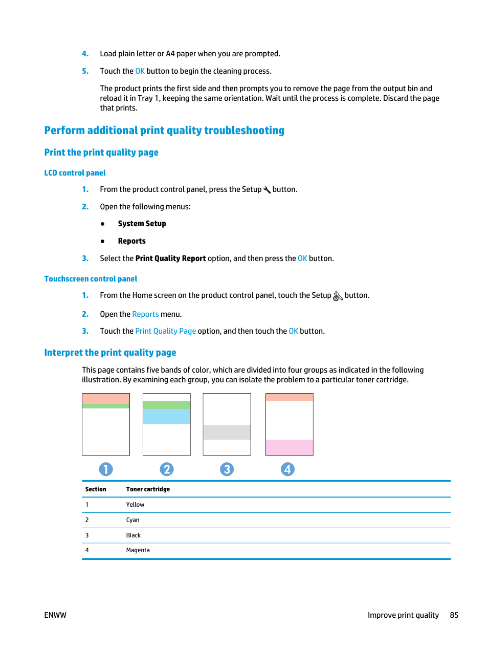 Perform additional print quality troubleshooting, Print the print quality page, Interpret the print quality page | HP Color LaserJet Pro MFP M177fw User Manual | Page 95 / 120