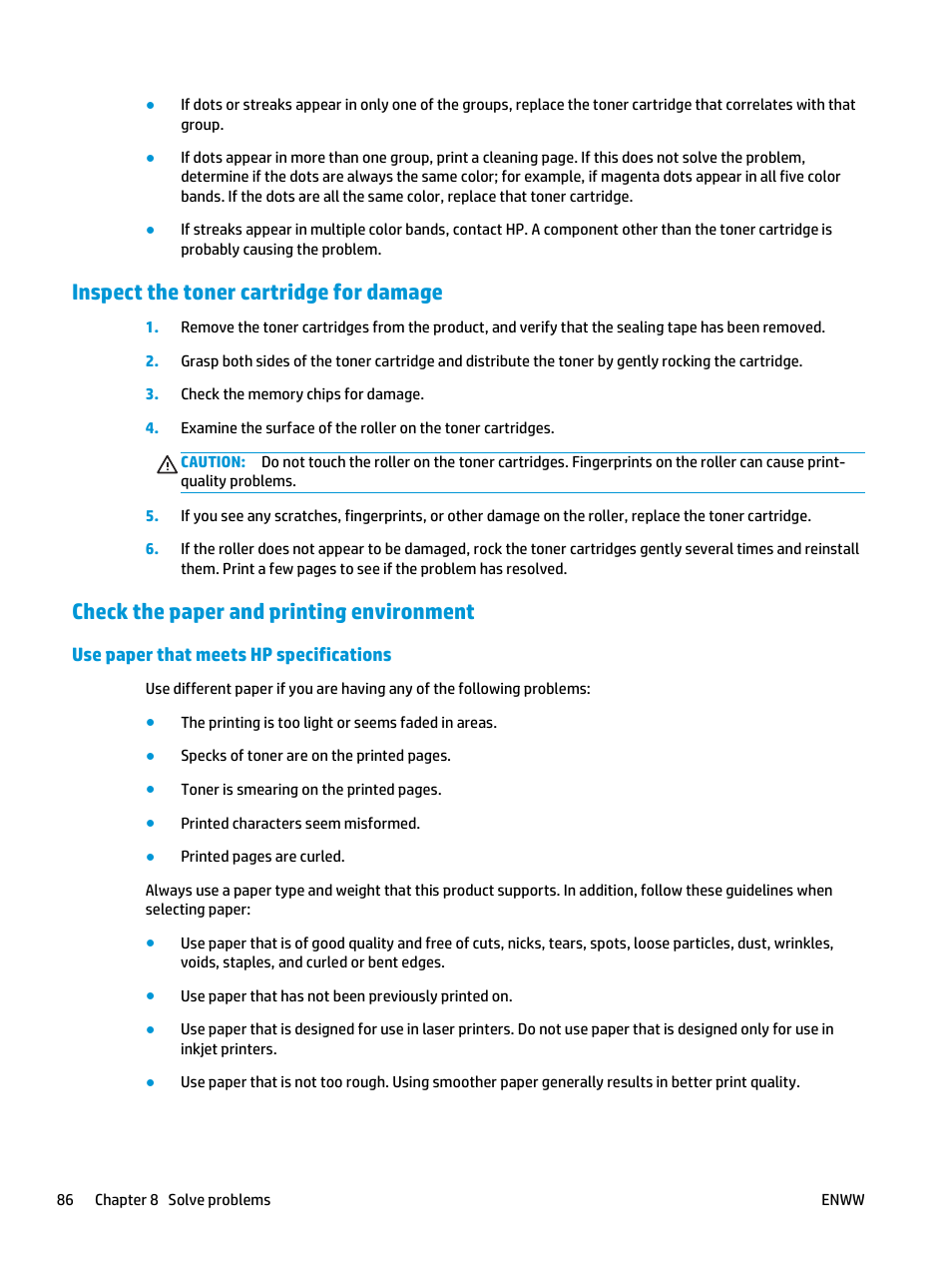 Inspect the toner cartridge for damage, Check the paper and printing environment, Use paper that meets hp specifications | HP Color LaserJet Pro MFP M177fw User Manual | Page 96 / 120