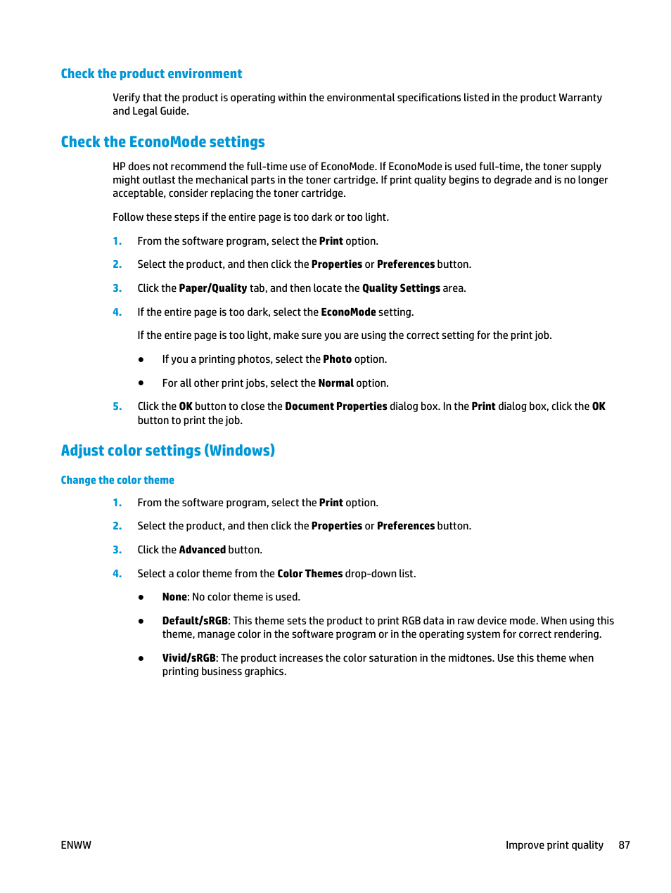 Check the product environment, Check the economode settings, Adjust color settings (windows) | HP Color LaserJet Pro MFP M177fw User Manual | Page 97 / 120