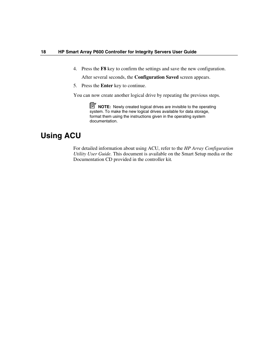 Using acu | HP Smart Array P600-Controller User Manual | Page 18 / 58