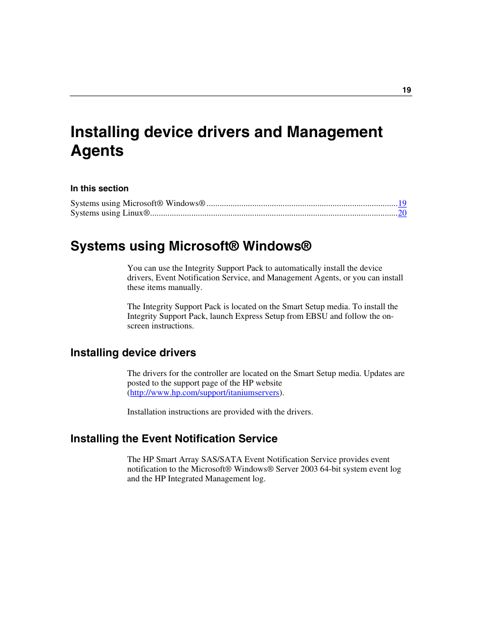 Installing device drivers and management agents, Systems using microsoft® windows, Installing device drivers | Installing the event notification service, T pack ("installing device drivers and, Management agents" on p | HP Smart Array P600-Controller User Manual | Page 19 / 58
