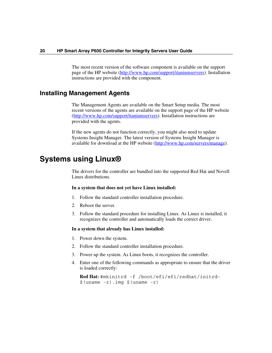 Installing management agents, Systems using linux | HP Smart Array P600-Controller User Manual | Page 20 / 58