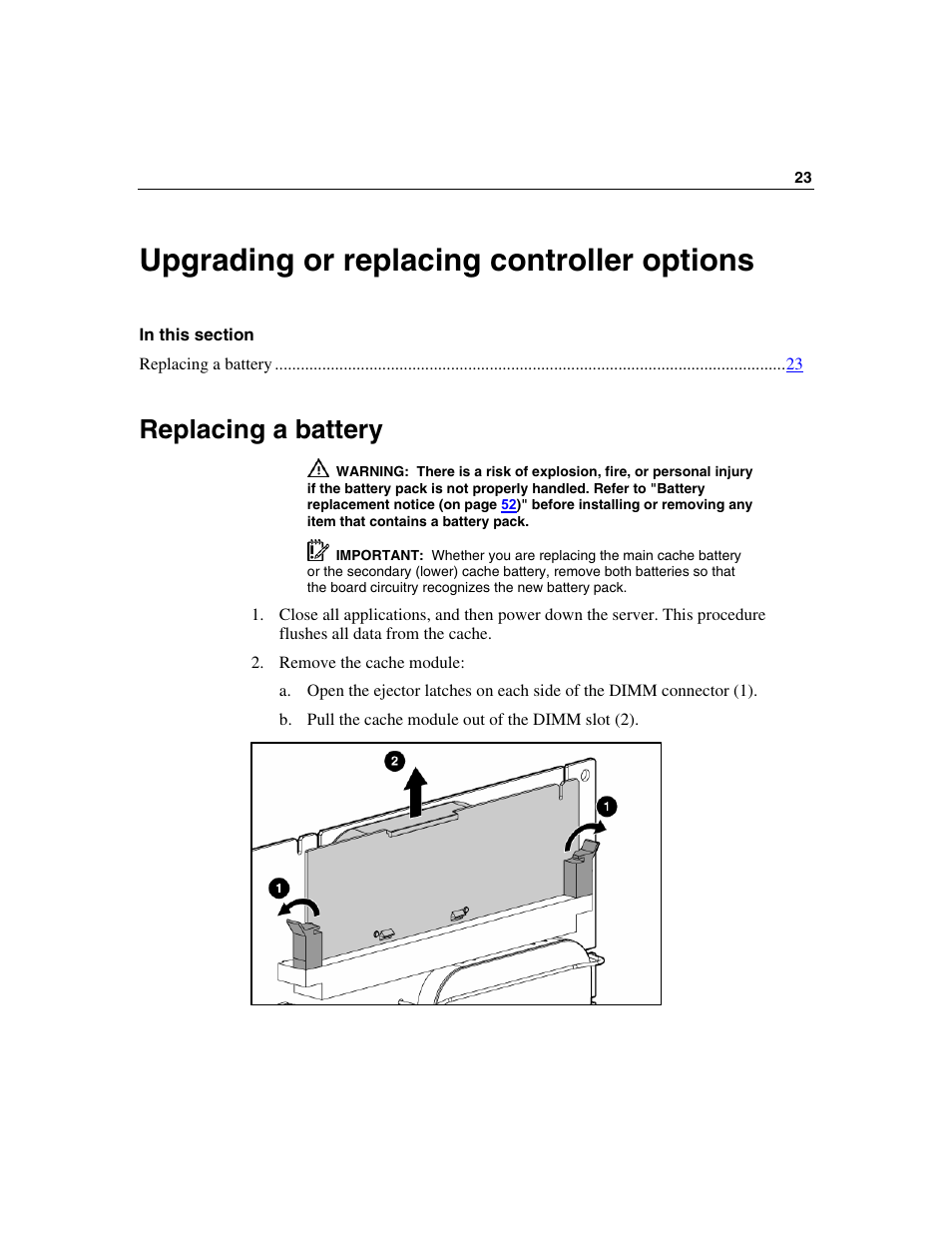 Upgrading or replacing controller options, Replacing a battery | HP Smart Array P600-Controller User Manual | Page 23 / 58