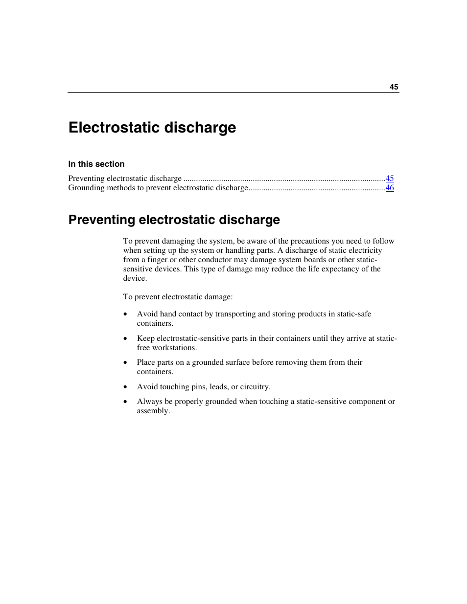 Electrostatic discharge, Preventing electrostatic discharge | HP Smart Array P600-Controller User Manual | Page 45 / 58