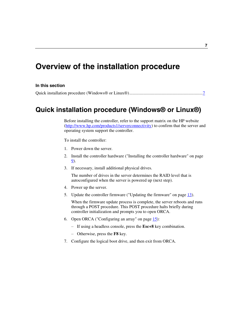 Overview of the installation procedure, Quick installation procedure (windows® or linux®) | HP Smart Array P600-Controller User Manual | Page 7 / 58