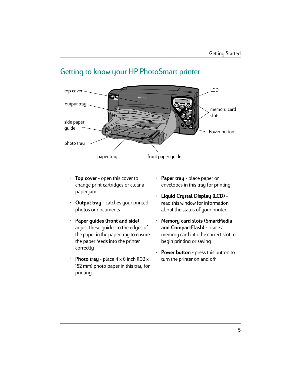 Getting to know your hp photosmart printer, Paper guides (front and side), Liquid crystal display (lcd) | Getting to know gour hp photosmart printer | HP Photosmart p1000 1000 Printer User Manual | Page 11 / 70