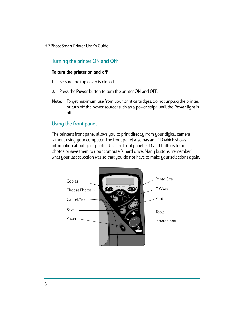 Turning the printer on and off, To turn the printer on and ofi, Using the front panel | HP Photosmart p1000 1000 Printer User Manual | Page 12 / 70