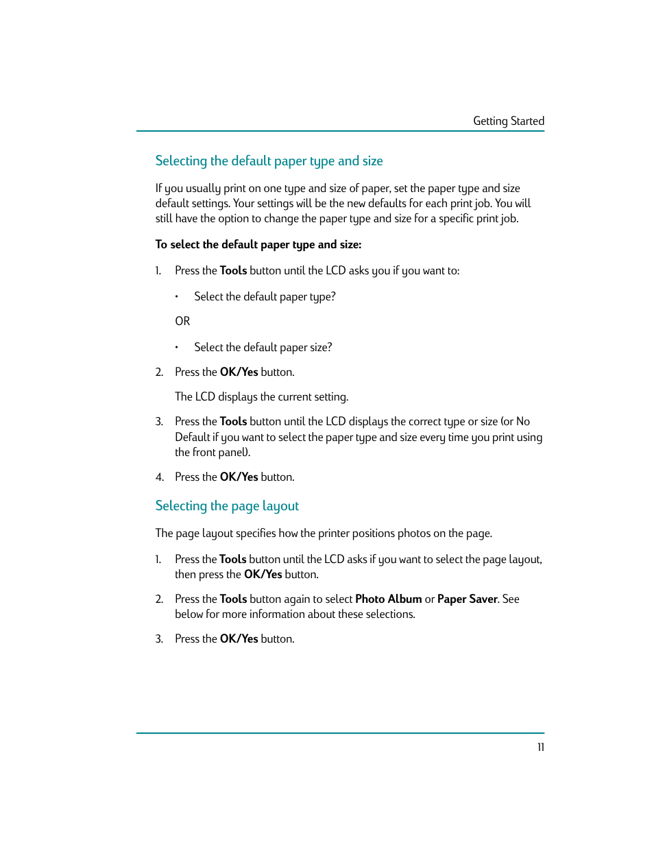 Selecting the default paper type and size, To select the default paper type and size, Selecting the default paper tgpe and size | HP Photosmart p1000 1000 Printer User Manual | Page 17 / 70