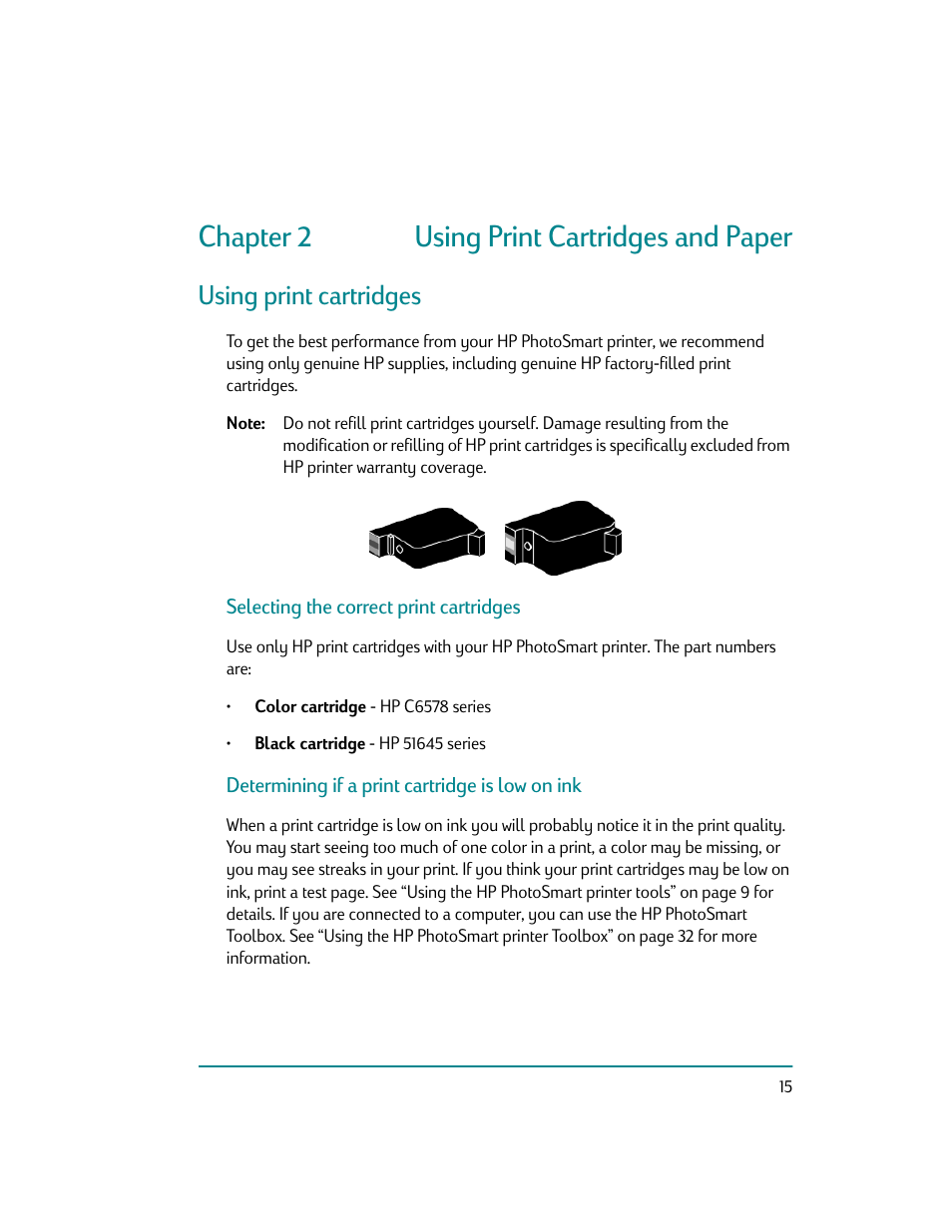 Using print cartridges and paper, Using print cartridges, Selecting the correct print cartridges | Determining if a print cartridge is low on ink, Chapter 2 using print cartridges and paper | HP Photosmart p1000 1000 Printer User Manual | Page 21 / 70